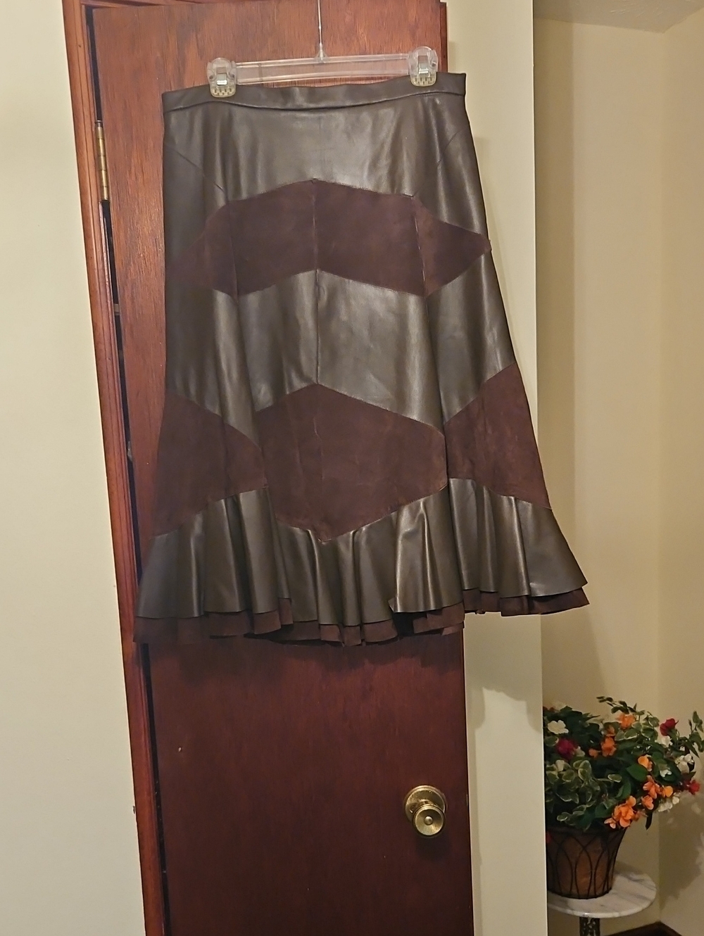 Terry Lewis Classic Luxuries Brown Genuine Leather & Suede A-Line Skirt